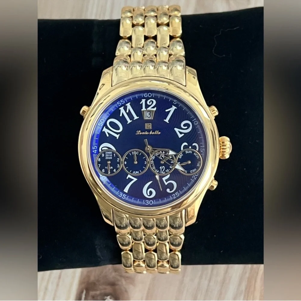 Louis Bolle Men's Automatic Chronograph Style Blue Dial Gold-Tone Weave Bracelet